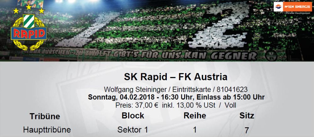 Eintrittskarte Rapid - Austria am 4. Februar 2018